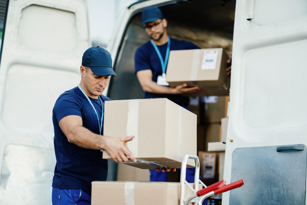 Umzugshelfer von GOMBERT LOGISTIK laden Kartons – Umzug von und nach Schweden